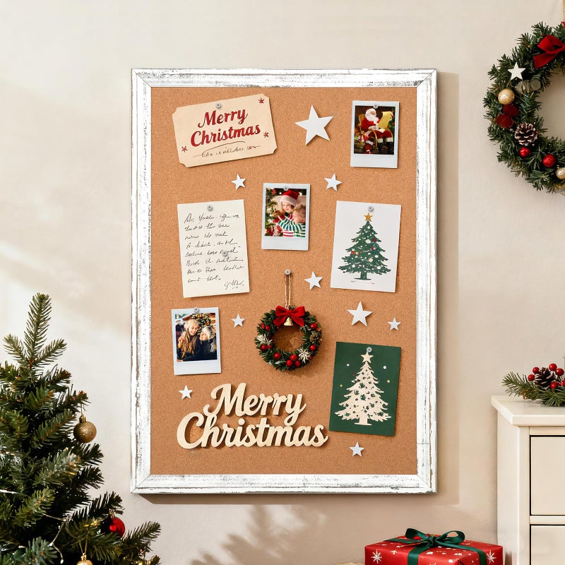QUEENLINK Cork Board Bulletin Board, 36" x 24" Corkboard for Wall, Rustic White Wooden Frame, Hanging Pin Board for Home & Office Decor, 10 Push Pins - Image 2